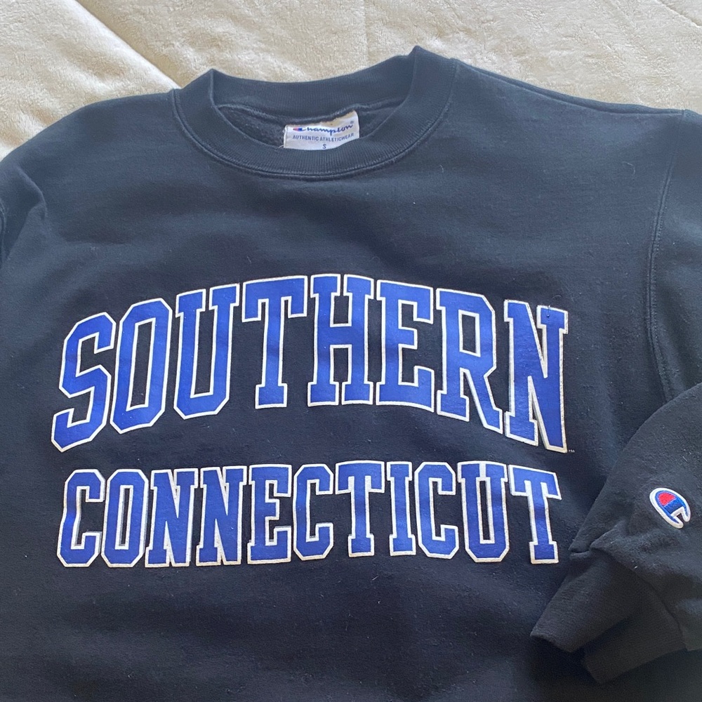 Champion Black Crewneck Sweater with Blue Southern Connecticut Design